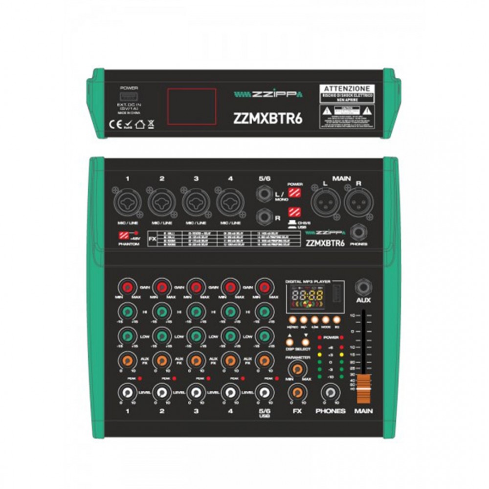 ZZiPP ZZMXBTR6 | Compact Αναλογική Κονσόλα 6 Καναλιών με DSP Multi-Effect & Bluetooth