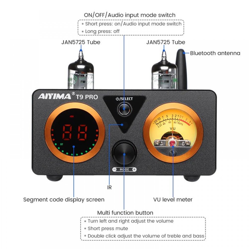 AIYIMA AUDIO T9 PRO Amplifier TPA3250 Tubes 2x JAN5725 ES9018K2M Bluetooth aptX HD 2x60W 4 Ohm