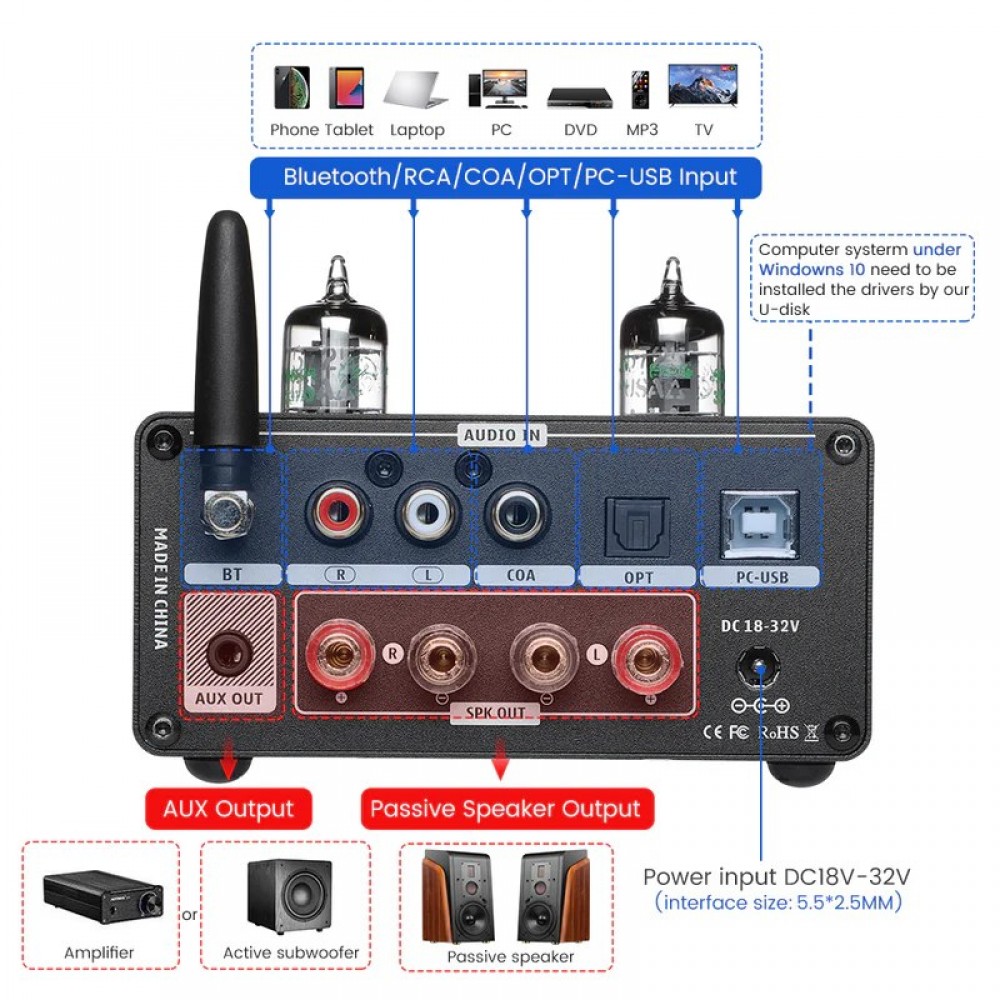 AIYIMA AUDIO T9 PRO Amplifier TPA3250 Tubes 2x JAN5725 ES9018K2M Bluetooth aptX HD 2x60W 4 Ohm