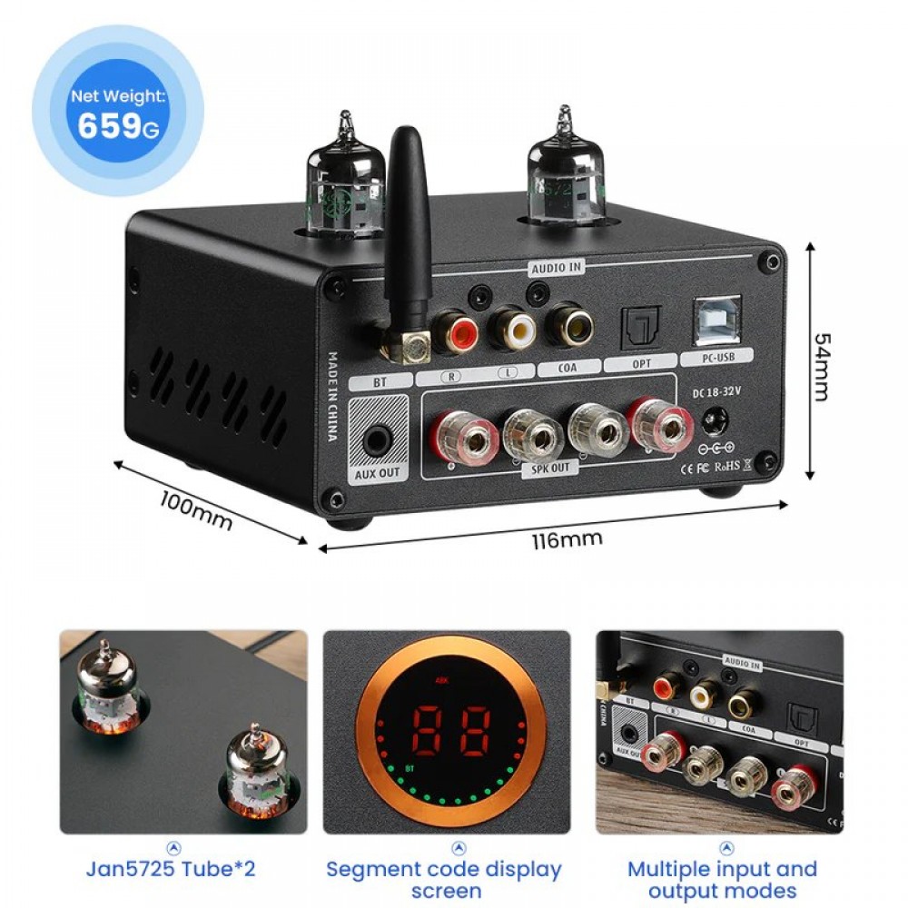 AIYIMA AUDIO T9 PRO Amplifier TPA3250 Tubes 2x JAN5725 ES9018K2M Bluetooth aptX HD 2x60W 4 Ohm