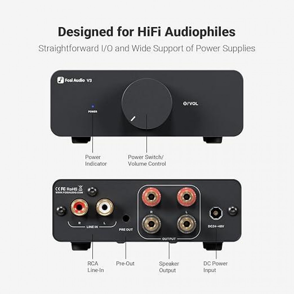 Fosi Audio V3 Stereo Amplifier Home Audio 300 Watts x2 Power 48V/5A TPA3255 Class D