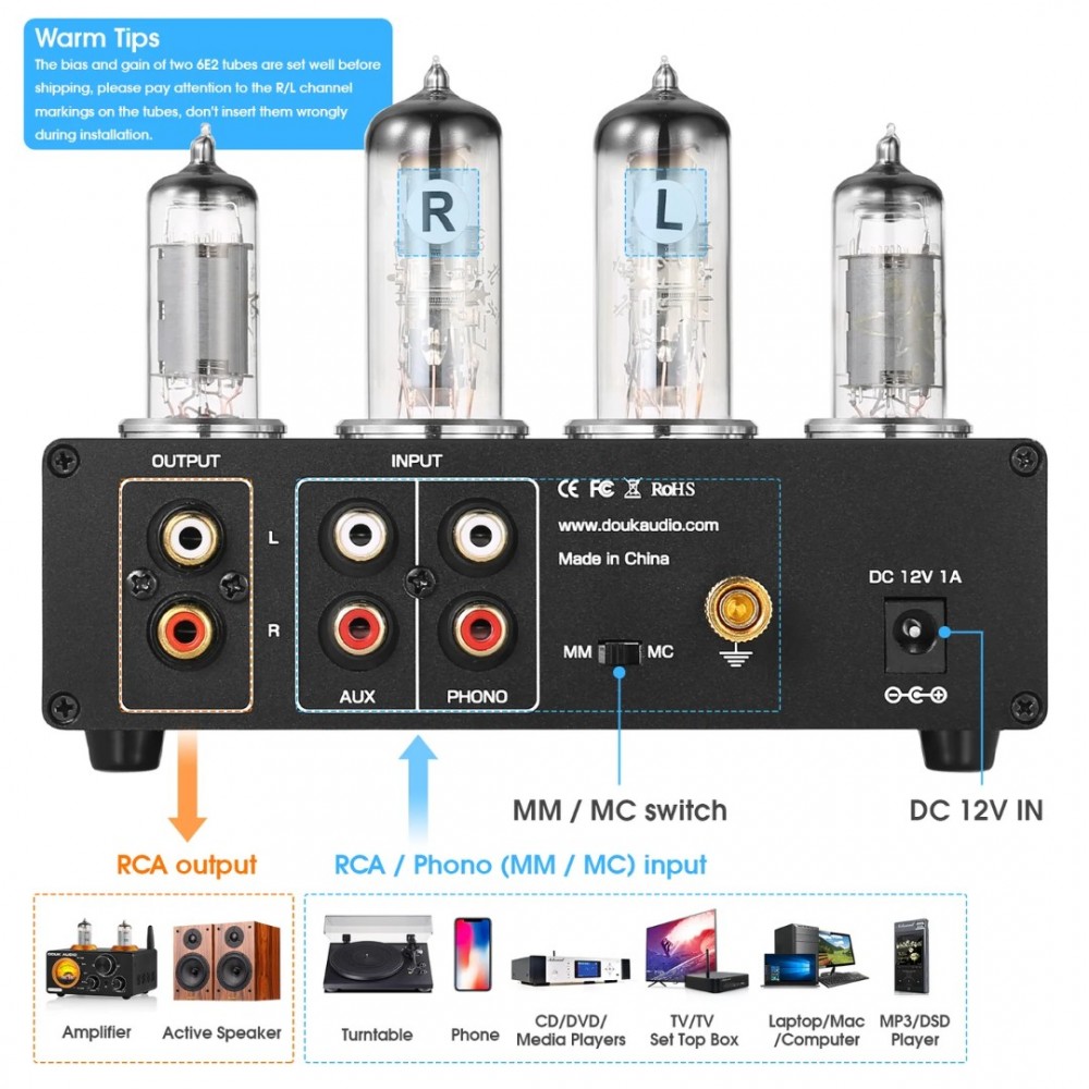Douk Audio T9 HiFi Magic 6E2 Vacuum Tube Stereo Preamp MM/MC Phono Stage for Turntable Amp