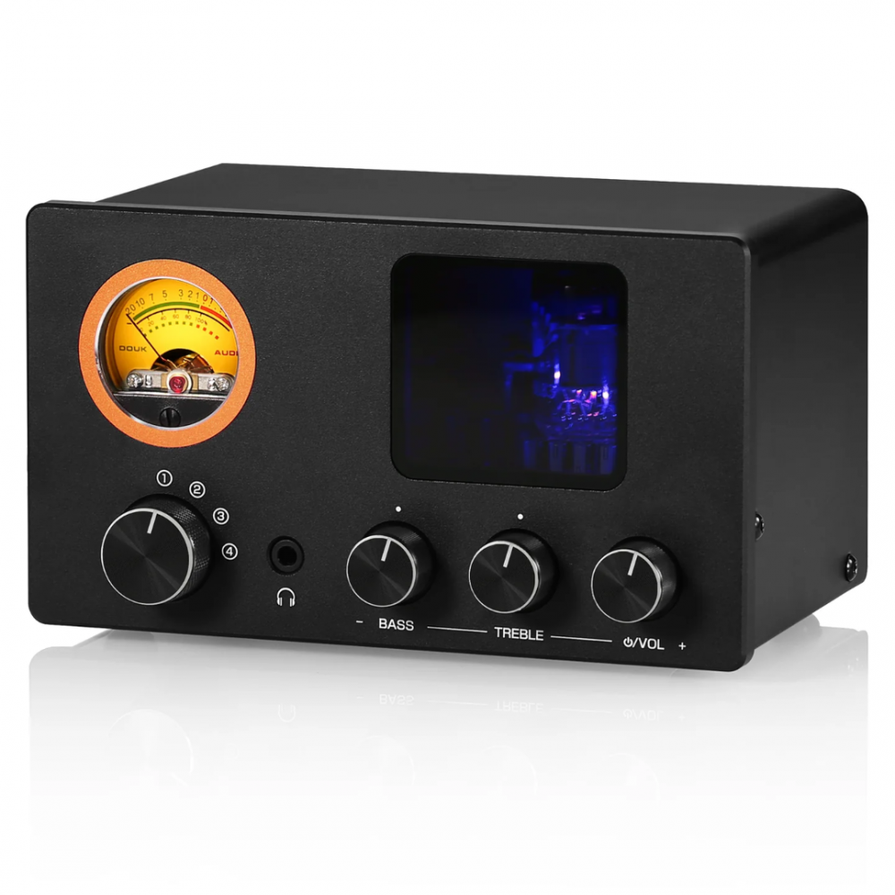 Douk Audio TUBE-T5C Mini Stereo Tube Preamp 4-Way Audio Selector Splitter Headphone Amp w/ VU Meter