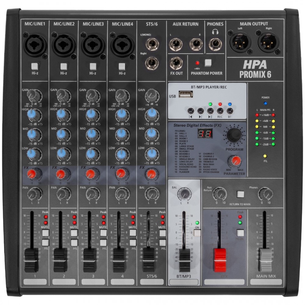 HPA PROMIX6 Κονσόλα Μίξης Ήχου με 6 Kανάλια, Bluetooth & 24 Effect HPA PROMIX6 Κονσόλα Μίξης Ήχου με 6 Kανάλια, Bluetooth & 24 Effect