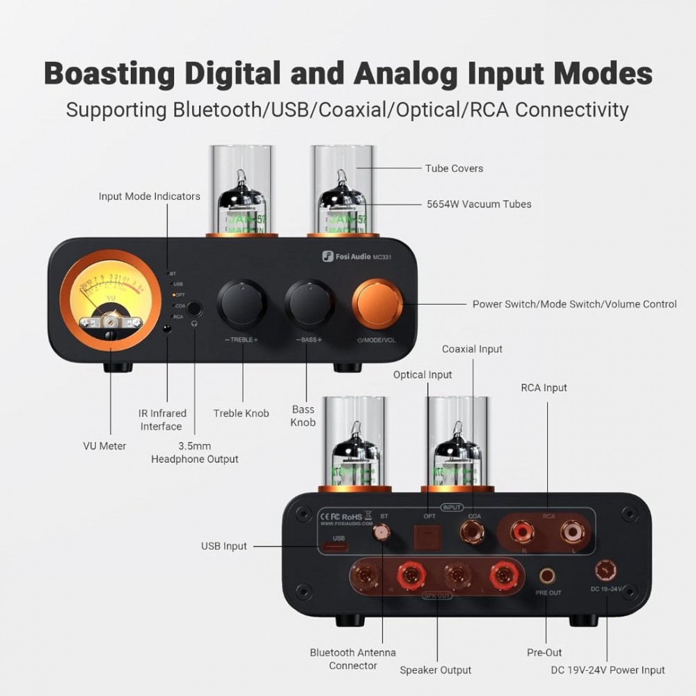 Fosi Audio MC331 Tube Integrated Amplifier with DAC, 2 Channel Home Audio Stereo Power Amp3.5mm Headphones, Vintage VU Meter Preamp with Bluetooth and USB/Opt/Coax/RCA