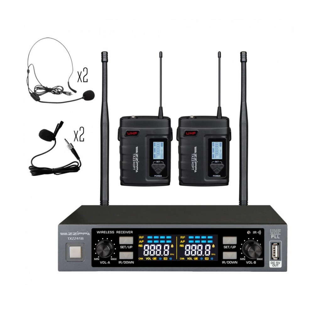 ZZiPP TXZZ416 | Σετ Διπλός Δέκτης, 2x Μικρόφωνα Πέτου, 2x Κεφαλής & 2x Bodypack 606-630MHz